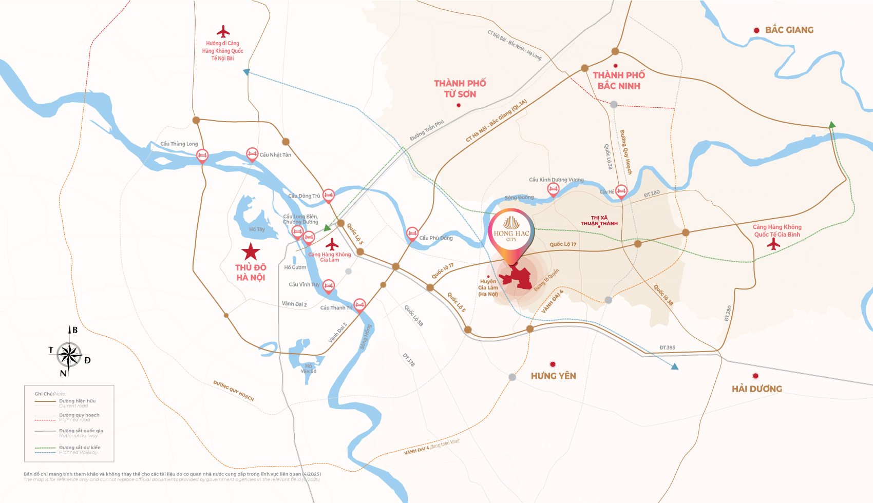 Dự án nằm tại vị trí chiến lược của vùng kinh tế trọng điểm Bắc Bộ, nơi hạ tầng giao thông và đô thị đang được đầu tư đồng bộ. Dự án cách trung tâm Hà Nội và TP Bắc Ninh khoảng 20 km, cách sân bay Nội Bài 40 km và sân bay Gia Bình 16 km, đồng thời dễ dàng kết nối tới các khu công nghiệp lớn như VSIP, Yên Phong, Đại Đồng – Hoàn Sơn trong bán kính 15 km.